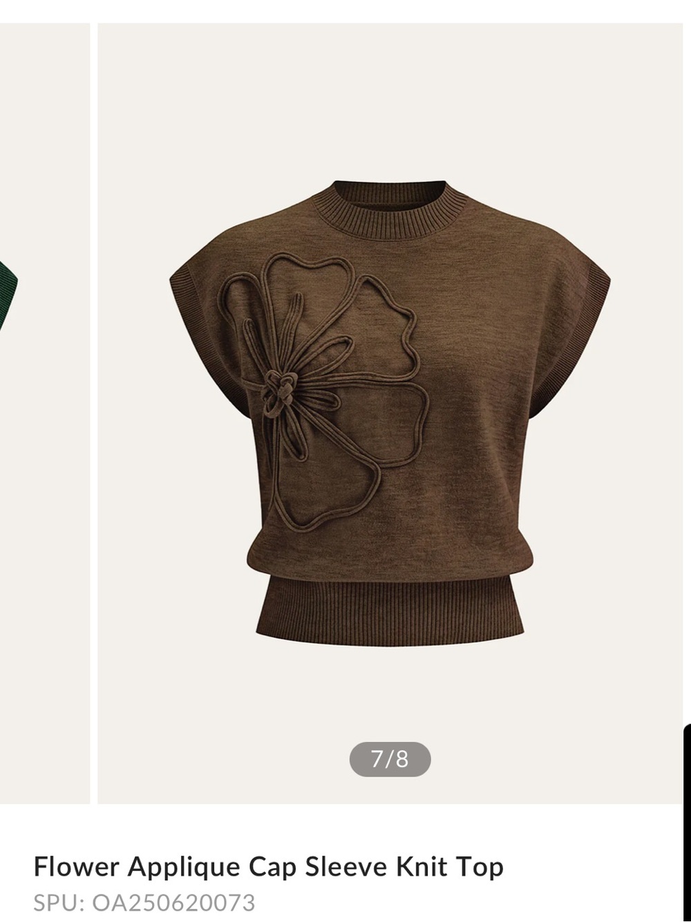 Commense Brown Flower Appliqué Cap-Sleeve Knit Top